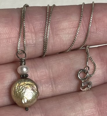 Vintage Sterling Silber .925 Halskette mit Kunsthandwerk Münze Perlen Anhänger