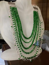 STUNNING GREEN SS .925 CHROME DIOPSIDE NECKLACE 6 STRANDS & EARRINGS SET NEW !