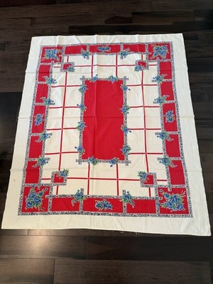 Vintage Red White Blue Floral Printed Tablecloth 52 X 62 