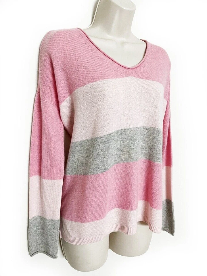 ➤Suéter para mujer CHARTER CLUB 100 % cachemir cuello en V novio •Rayas rosas XS S Foto 4 de 4