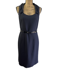 Per Se Women's Navy Blue Collared Sleeveless Belted Sheath Dress Sz 6