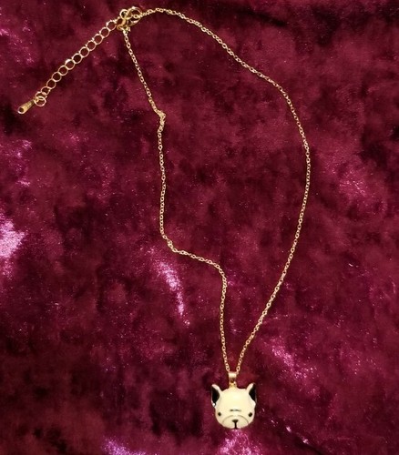 French Bulldog Frenchie Gold Tone Necklace & Earrings Set Black & White Enamel - Picture 3 of 5