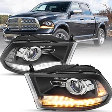 Fit 09-18 Dodge Ram 1500 2500 3500 Black Clear Headlight w/ Switchback LED Strip