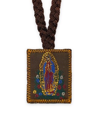 Our Lady of Guadalupe Brown Corded Scapular Necklace Escapulario Cafe Virgen