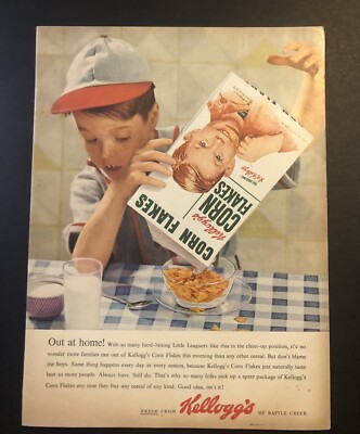 1950 s Kellogg s Corn Flakes Cereal Boy With Baseball Hat Magazine Ad 2D21 