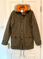 Easy Green Orange Parka Jacket Hooded Zipped Padded W/ Drawstring At Waist Xs