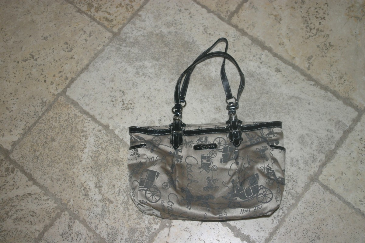Coach Shoulder Tote Bag Satin Leather Beige Black F15144 for sale