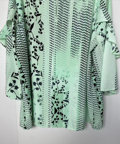 Alfani Womens Blouse Size XL Top Green Mint Black Floral Ruffle Sleeves 3/4 Zip - Picture 7 of 12