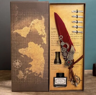 Feather Pen Quill Calligraphy Dip Set Writing Drawing Gift Box Red & Tips No Ink