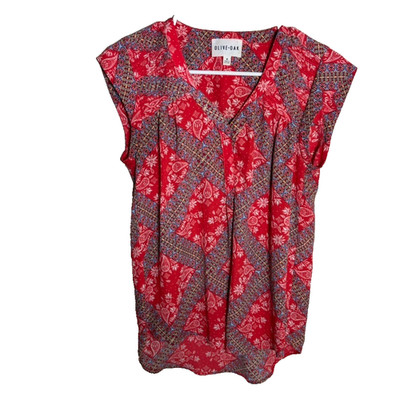 Olive + Oak Blouse Women's Medium V-Neck Short Sleeve Printed Boho Shirt Top