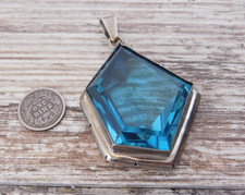 Large Sterling Silver Mexico Pendant Faceted Blue Inlay 34g not scrap