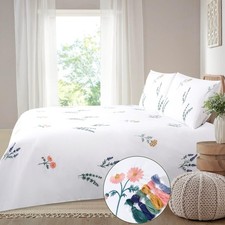 White Floral Duvet Cover Cotton Queen Flower Embroidered Pink