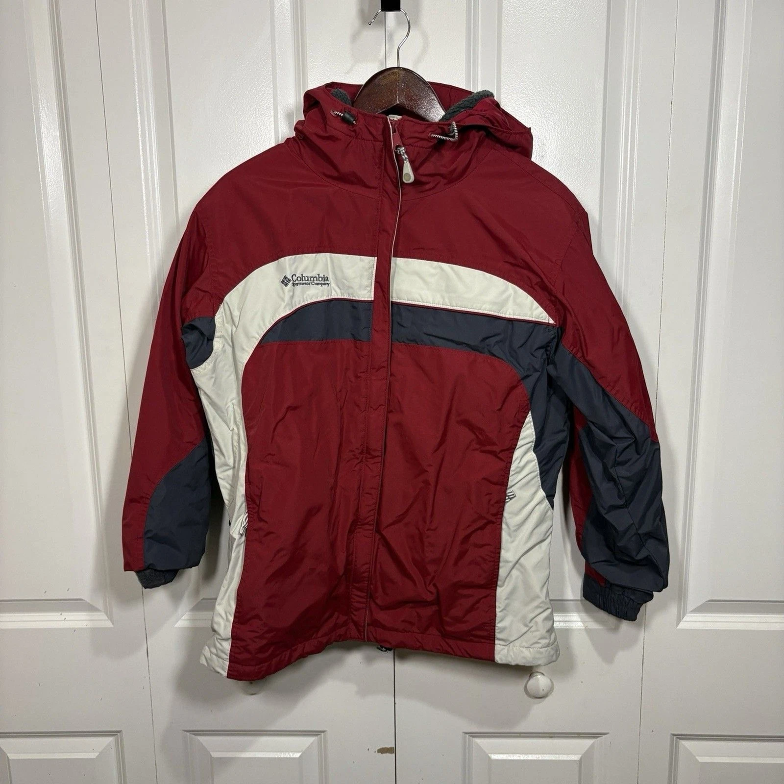 Columbia Winter Coat Women L Red Gray Fleece Lined Ski Snow Hooded Outdoor Warm