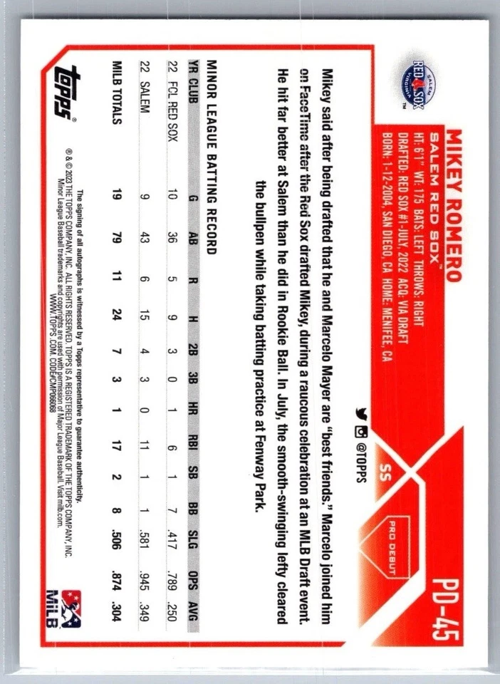 2023 Topps Pro debut Mikey Romero Certified Auto PD-45 Boston Red Sox - Image 2 of 2