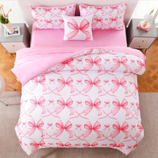 Bow Full Size Comforter Set for Girls,6 Pieces Bed in a Bag Pink Bow Bedding Set