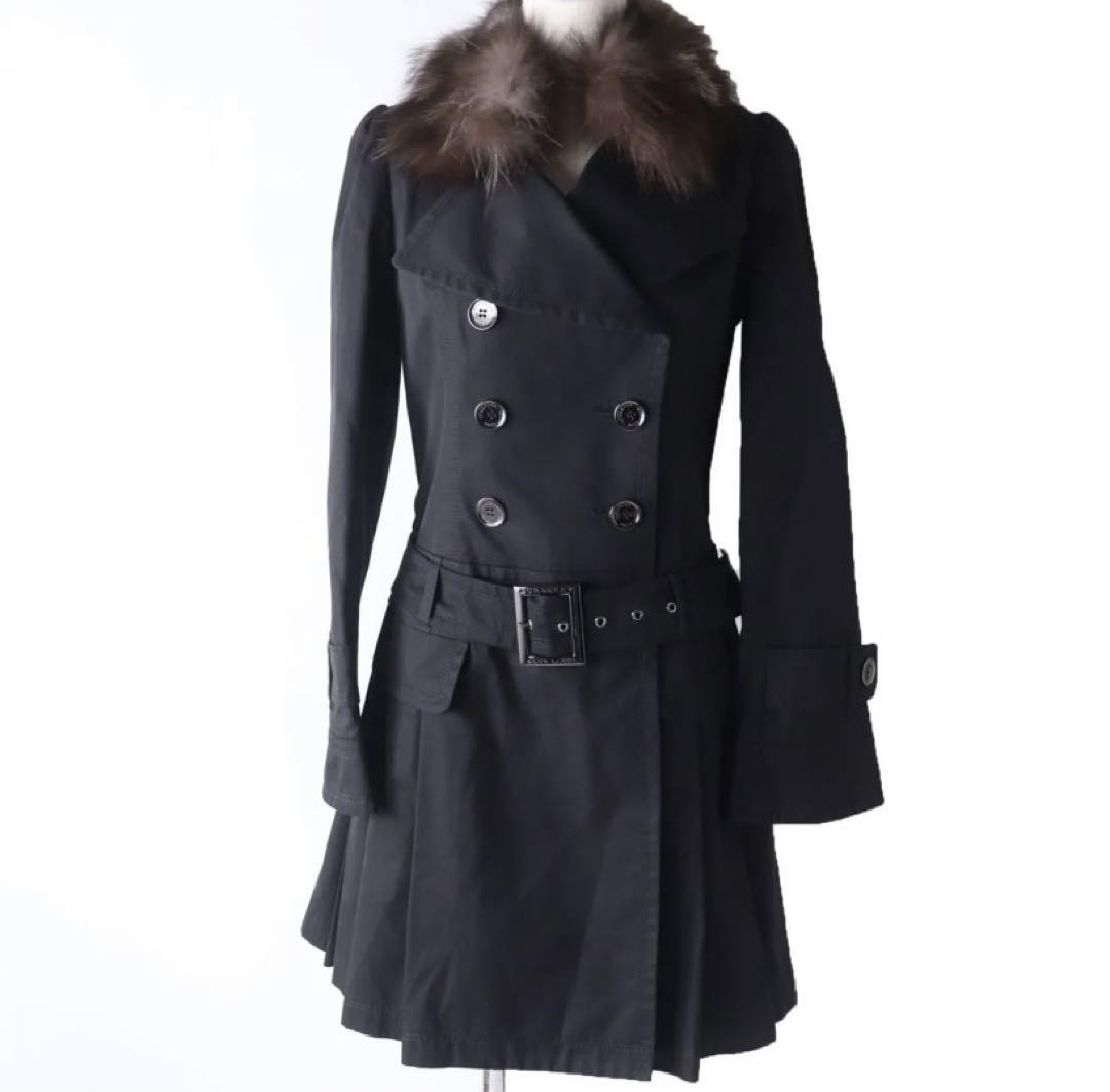 Burberry Blue Label Black Cotton Trench Coat with Fur Trim Size 38 Womens