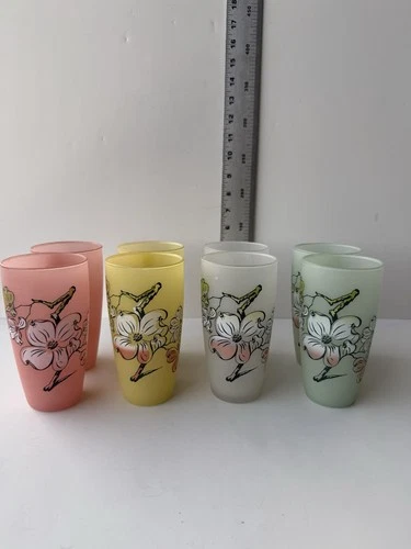 6  Anchor Hocking Glasses Dogwood Flower Pastel Frosted Vintage 5.75” Tumblers