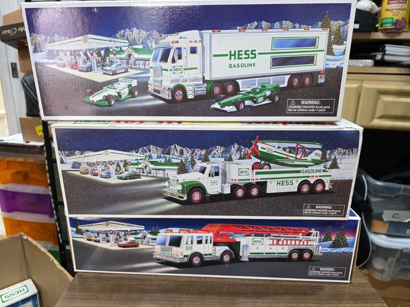 Lot of 3 Hess trucks Formula car carrier Air plane carrier fire truck