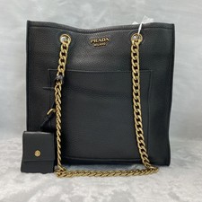 Prada Top Handle Gold Chain Tote Shoulder Bag Black Grained Leather Gold HW AUTH