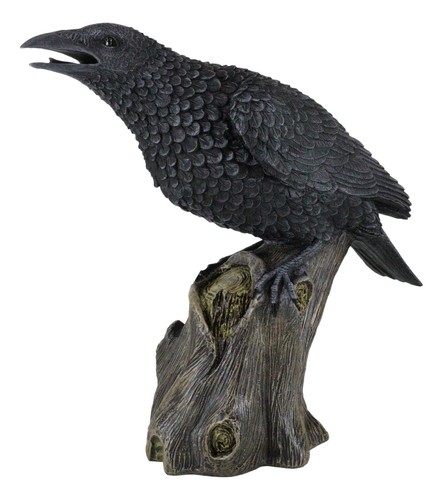 Ebros Large 14" Long Gothic Raven Crow Perching On Tree Stump Statue Figurine - Picture 7 of 12
