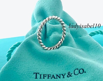 Tiffany & Co Sz 5.25 Twist Rope Narrow Band Ring Silver w Pouch