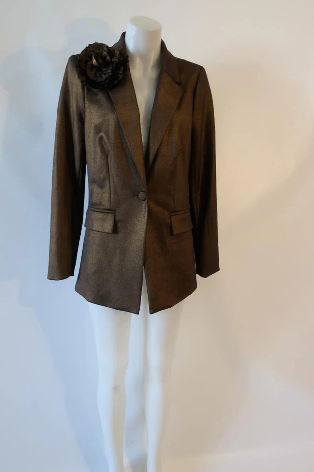 NWT Womens Badgley Mischka Bronze Brown One Button Blazer W/Floral Applique 12 Foto 3 de 4