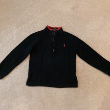 POLO RALPH LAUREN KIDS SWEATER, 6, PART ZIP FRONT, BLACK WITH RED TRIM, COTTON