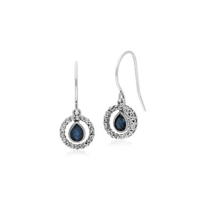 Klassische Birne Saphir & Markasit Runde Halo Ohrhänger in Sterlingsilber
