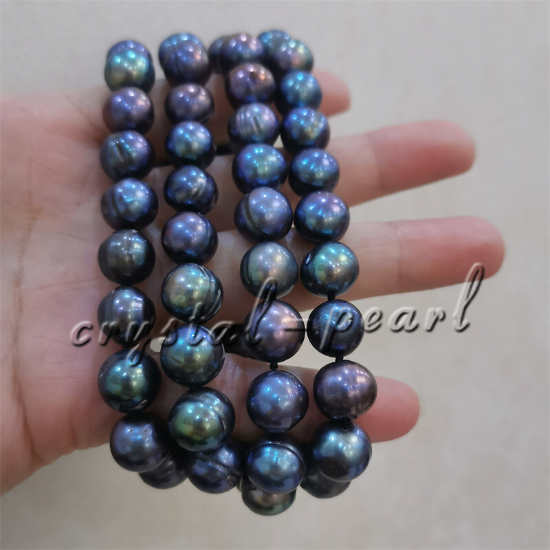 18-Inch Natural Tahitian Rice Black Pearl Necklace - 9-10mm Baroque Pearls, Silver Plated