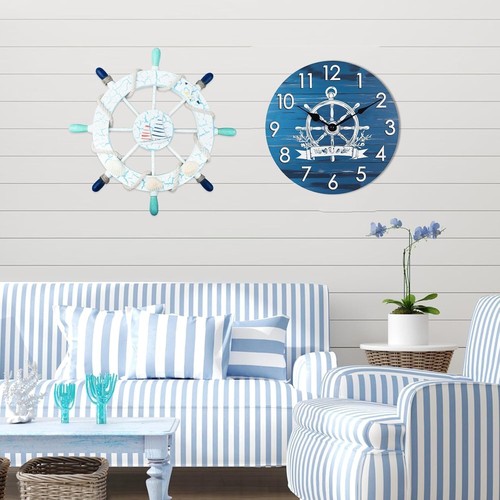 Küstenmaritim Glas Wanduhr mit Schiffslenkrad Design Motiv - - Bild 5 von 9