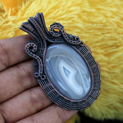 Blue Lace Agate Handmade Pendant Copper Wire Wrapped Pendant Wire Wrap Jewelry