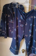 Natori Pajama Set Womens Satin Size Large Navy Blue Floral 2 Piece