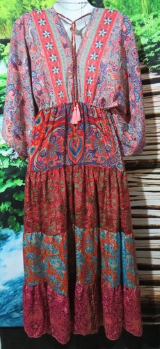 BOHO 100% SILK KIMONO SLEEVE PATCHWORK RUFFLED LONG DRESS REG 14 - 20 - Picture 6 of 6