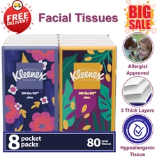 On-The-Go 3-Ply Facial Tissues, Travel Pocket, Soft & Absorbent, 8 Pk-80 Tissues