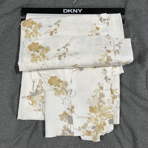 DKNY 32 x 108 COTTON Wallflower Inverted Pleat Window Curtains Gray Gold White - Picture 8 of 8