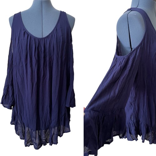 Neu mit Etikett Live & Let Live blau schulterfrei Lagenlook Tunika Whimsigoth Boho Strand 1X - Bild 1 von 8