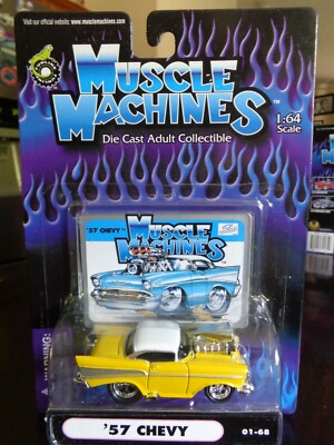 1957 CHEVY BEL AIR YELLOW MUSCLE MACHINES 1/64 NEW IN USED PACKAGE