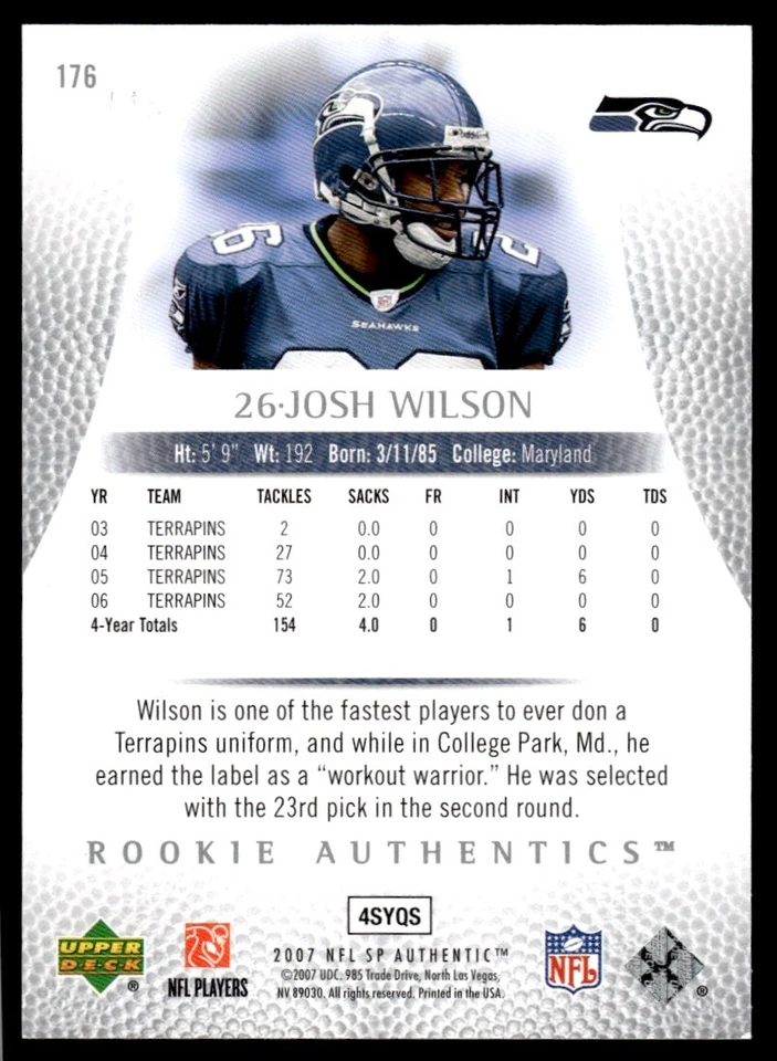 2007 SP Authentic Josh Wilson Rookie 298/999 Seattle Seahawks #176 R60 - Image 2 of 2