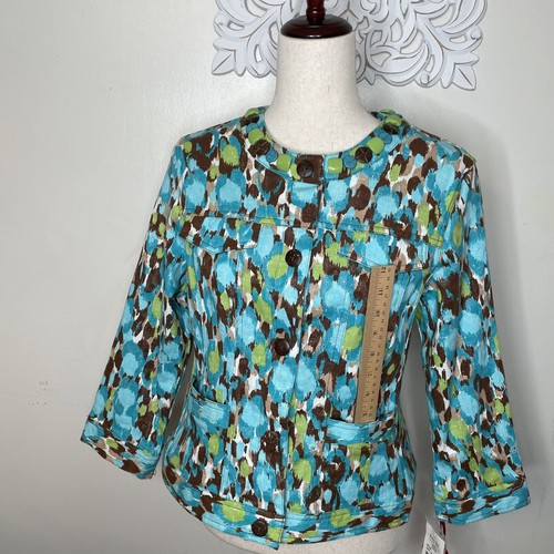 RUBY Rd Size 10 Unlined JACKET Beaded Snap Front Turks & Caicos Print BLUE NWT - Picture 6 of 19