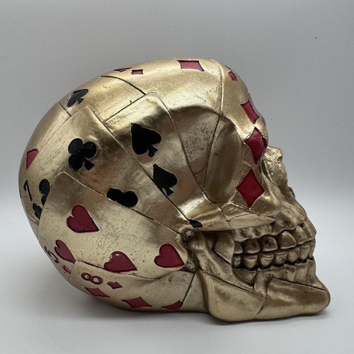 Dead Man's Hand Skull - Gold 15cm - Cards Poker Casino Mancave Bar - Picture 5 of 10