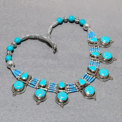 Tibetan Turquoise Handmade Bohemian Statement Jewelry Nepali Necklace 18" SR64