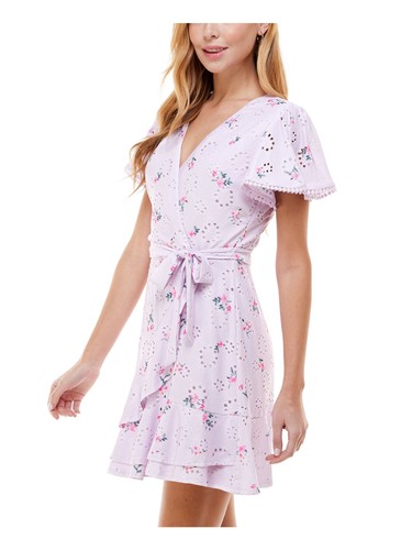 CITY STUDIO Womens Light Purple Flutter Short Faux Wrap Dress 5 - Picture 9 of 9