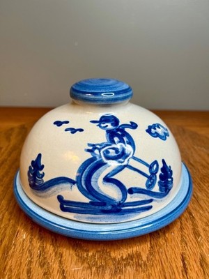 Vintage MA Hadley Blue Band Skier Round Butter Dish with LId