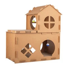 Multi-Level Cardboard Cat House with Hanging Toys