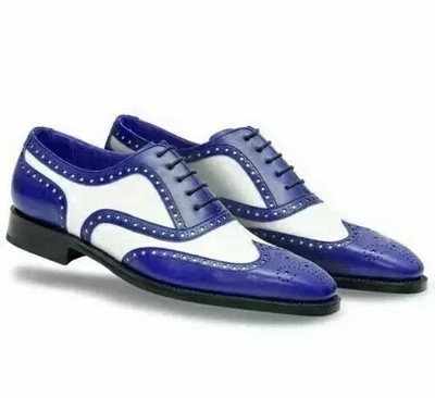 Handmade Genuine Leather White & Blue Formal Wingtip Brogue Oxford Shoes For Men