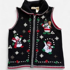 Vintage Bobbie Brooks Black Knit Embroidered Christmas Snowman Sweater Vest L