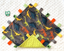 Double Minky Gray Dinosaur Minky Green Minky Taggie Security Blanket, Baby
