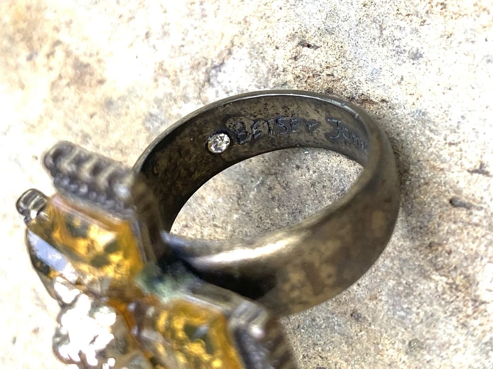 Anillo De Colección Raro Betsy Johnson Ámbar Como Piedra Bronce Cruz Amarillo Marrón Rosa Talla 7 Foto 4 de 4