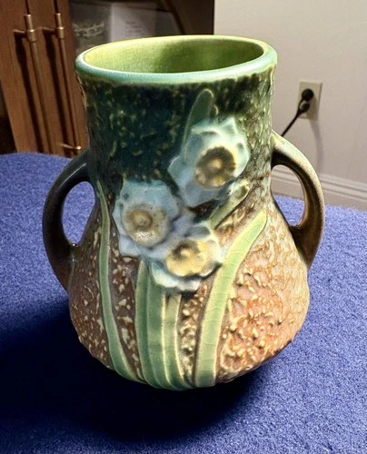 ROSEVILLE ART POTTERY JONQUIL 1931 5" TALL DOUBLE LOOP HANDLES 529-8 VASE EUC