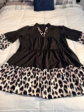 Black and Leopard Print Tiered Dress with 3/4 Sleeves